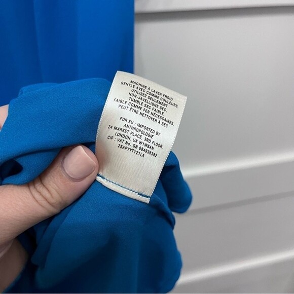 Anthropologie Embroidered Ruffle High Collar Top Royal Blue Sz. 8 - Picture 5 of 6